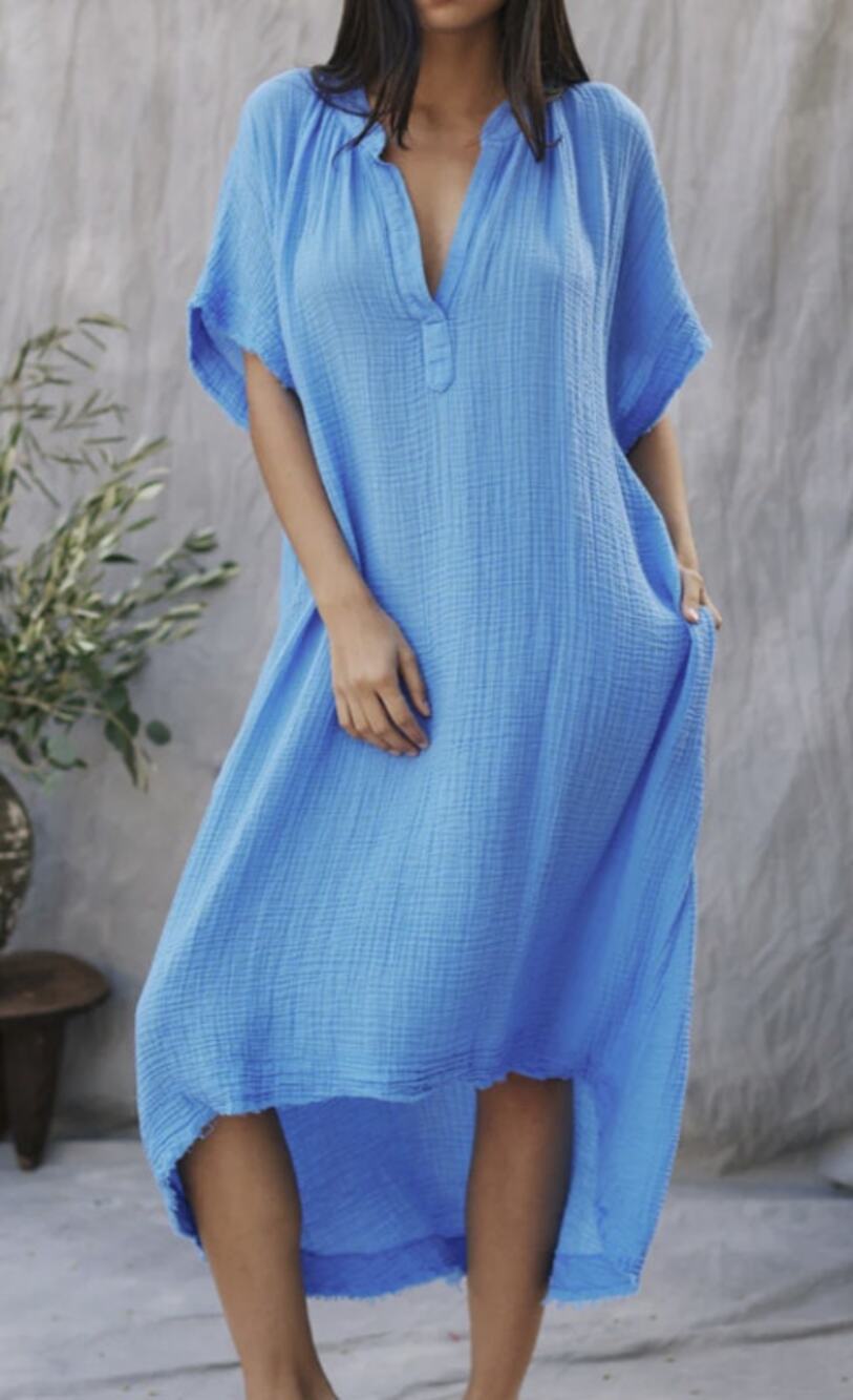 9seed Tunisia Caftan Dress Cover Up One Size Moroccan Blue Cotton Gauze